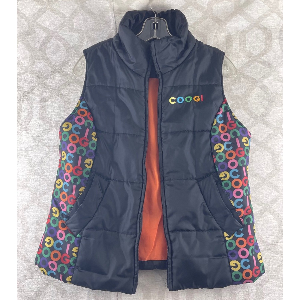 Coogi Womens Black Puffer Vest Multi-Color Logo Print Side Panels‎ M *No Zipper